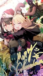 Rule 34 | 2girls, :d, ammunition pouch, antlers, assault rifle, black hair, black jacket, blonde hair, breasts, carbine, character pin, closed eyes, colt 9mm smg, commentary request, girls&#039; frontline, gun, hair between eyes, hat, heterochromia, highres, hood, hood down, hooded jacket, horns, hug, jacket, lanyard, large breasts, long hair, m4 carbine, m4 sopmod ii (girls&#039; frontline), m4 sopmod ii (mod3) (girls&#039; frontline), merry christmas, mineta naoki, mod3 (girls&#039; frontline), multicolored hair, multiple girls, off shoulder, open mouth, pouch, red eyes, reindeer antlers, ribbed sweater, rifle, ro635 (girls&#039; frontline), ro635 (mod3) (girls&#039; frontline), santa hat, smile, streaked hair, submachine gun, sweater, sweater vest, weapon, yellow eyes, yellow jacket