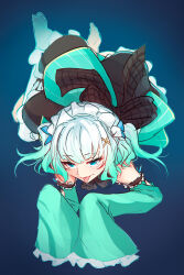 Rule 34 | 1girl, blue eyes, detached sleeves, dress, frills, ghost girl, gradient hair, green dress, green hair, hair ornament, highres, indie virtual youtuber, maid headdress, mint fantome, multicolored hair, ricegnat, simple background, sleeves past wrists, solo, tongue, tongue out, triangular headpiece, two side up, virtual youtuber, white hair, x hair ornament