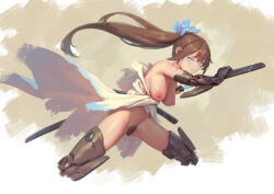 Rule 34 | 1girl, bigrbear, blue eyes, breasts, brown hair, cropped legs, cyborg, female pubic hair, holding, holding sword, holding weapon, katana, large breasts, long hair, looking at viewer, mechanical arms, mechanical legs, nipples, original, ponytail, pubic hair, scabbard, sheath, single mechanical arm, solo, sword, weapon