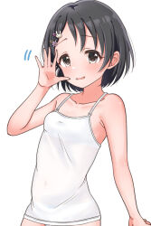 Rule 34 | 1girl, absurdres, bare shoulders, black eyes, black hair, blush, breasts, camisole, collarbone, commentary, covered navel, dot nose, hair ornament, hairclip, hand up, highres, idolmaster, idolmaster cinderella girls, idolmaster cinderella girls starlight stage, looking at viewer, mariabowl, motion lines, open hand, open mouth, sasaki chie, short hair, shy, simple background, small breasts, solo, white background, white camisole