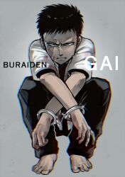 Rule 34 | 1boy, barefoot, black hair, black pants, buraiden gai, chromatic aberration, closed mouth, commentary request, copyright name, crossed arms, cuffs, frown, full body, glaring, grey background, handcuffs, katatsumuri (kataaaaaaaaa), kudou gai, looking at viewer, male focus, pants, scar, scar across eye, shirt, short bangs, short hair, short sleeves, simple background, solo, very short hair, white shirt
