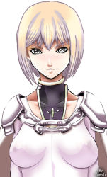 Rule 34 | 00s, 1girl, armor, blonde hair, bodysuit, breasts, cape, clare (claymore), claymore (series), covered erect nipples, grey eyes, impossible clothes, impossible shirt, large breasts, looking at viewer, shirt, short hair, simple background, solo, temple (artist), turtleneck, upper body, white background