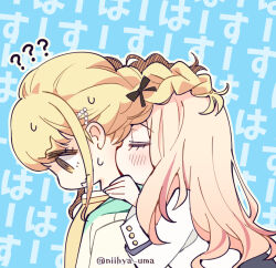 2girls ? blonde_hair blush braid closed_eyes commentary_request fujita_kotone gakuen_idolmaster hand_on_another&#039;s_shoulder idolmaster jacket juo_sena long_hair looking_down mopiwo multiple_girls profile smelling_neck straight_hair sweatdrop text_background twin_braids twitter_username upper_body wavy_mouth white_jacket