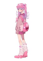 Rule 34 | 1girl, absurdres, backpack, bag, bow, bowtie, full body, gradient hair, hair bow, highres, long hair, looking at viewer, loose socks, multicolored hair, original, pink bow, pink footwear, pink hair, pleated skirt, purple hair, red skirt, sailor collar, school uniform, serafuku, simple background, skirt, socks, solo, twintails, twintails day, wata kinoshi, white background, winged bag