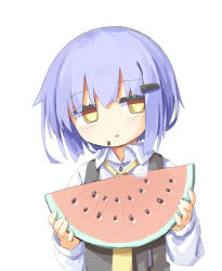 Rule 34 | 1girl, :o, bad id, bad twitter id, black vest, blue hair, blush, collared shirt, commentary request, eating, eyes visible through hair, food, food bite, food on face, fruit, hair ornament, hairclip, half-closed eyes, hands up, hassai, highres, holding, holding food, holding fruit, long sleeves, looking at viewer, looking to the side, necktie, no nose, no pupils, original, parted lips, puffy long sleeves, puffy sleeves, shirt, short hair, simple background, solo, upper body, vest, w arms, watermelon, watermelon seeds, watermelon slice, white background, white shirt, wing collar, yellow eyes, yellow necktie