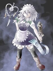 Rule 34 | 1990s (style), 1girl, apron, black thighhighs, blue dress, bow, braid, commentary, dagger, dress, english commentary, frilled dress, frills, full body, greatmothsucks, green bow, grey eyes, hair bow, highres, holding, holding dagger, holding knife, holding weapon, izayoi sakuya, knife, looking at viewer, maid, maid apron, maid headdress, red footwear, retro artstyle, solo, standing, thighhighs, touhou, twin braids, v-shaped eyebrows, weapon, white hair