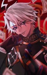 Rule 34 | 1boy, ahoge, armor, bishounen, black eyes, commentary request, diandao qin, eyes visible through hair, facial mark, fate/grand order, fate (series), gloves, grey hair, james moriarty (ruler) (fate), long sleeves, looking at viewer, male focus, pauldrons, short hair, shoulder armor, smile, solo, upper body