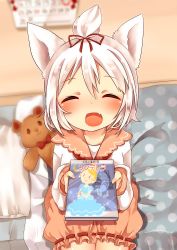 Rule 34 | 1girl, :d, ^ ^, animal ears, azur lane, bed, bloomers, blurry, blurry background, blush, book, calendar (object), chiitamu, closed eyes, commentary request, depth of field, fang, fingernails, holding, holding book, indoors, long sleeves, on bed, open mouth, pillow, puffy long sleeves, puffy sleeves, shirt, short hair, shouhou (azur lane), sitting, smile, solo, stuffed animal, stuffed toy, teddy bear, topknot, translation request, underwear, white hair, white shirt