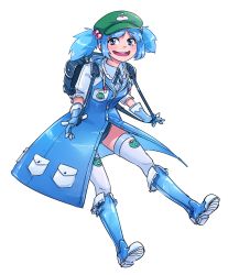Rule 34 | 1girl, adapted costume, backpack, bag, blue bag, blue eyes, blue footwear, blue gloves, blue hair, blue jacket, blue panties, blue ribbon, boots, buttons, cabbie hat, collared shirt, david hrusa, flat cap, gloves, green heart (neptunia), hair bobbles, hair ornament, hat, highres, jacket, kappa, kawashiro nitori, long jacket, open mouth, panties, ribbon, rubber boots, shirt, solo, swimsuit, swimsuit under clothes, teeth, thighhighs, touhou, transparent background, twintails, underwear, upper teeth only, white shirt, white thighhighs