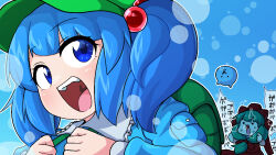 Rule 34 | 2girls, :d, air bubble, asphyxiation, backpack, bag, blue background, blue eyes, blue hair, blunt bangs, bow, bubble, clenched hands, close-up, comwoooo, coughing, d:, drowning, eyelashes, frilled shirt collar, frills, front ponytail, green bag, green headwear, hair bobbles, hair bow, hair ornament, hair ribbon, hands up, hat, holding strap, jaggy lines, kagiyama hina, kawashiro nitori, long hair, long sleeves, looking at viewer, looking to the side, looking up, multiple girls, no nose, open mouth, outline, pocket, red bow, red ribbon, ribbon, round teeth, shiny skin, smile, solid circle eyes, submerged, sweat, teeth, tongue, touhou, two side up, underwater, upper body, upper teeth only, v-shaped eyebrows, white outline