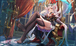 Rule 34 | 1girl, crossed legs, feet, light blush, long hair, looking at viewer, parted lips, pointy ears, red eyes, see-through, see-through legwear, sitting, soles, thighhighs, throne, toes, white hair, yue xiao e