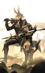 Rule 34 | 1boy, 1girl, black coat, black gloves, black pants, brown thighhighs, buttons, closed mouth, coat, double-breasted, dragoon (final fantasy), dress, elbow gloves, final fantasy, final fantasy xiv, floating hair, gloves, green eyes, grey hair, gun, gunblade, gunbreaker (final fantasy), hand up, highres, holding, holding gun, holding weapon, long sleeves, looking at viewer, migo45, miqo&#039;te, nier:automata, nier (series), original, over shoulder, pants, parted lips, ponytail, red eyes, short dress, signature, thighhighs, viera, warrior of light (ff14), weapon, weapon over shoulder