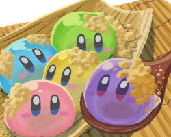 Rule 34 | blue eyes, blush stickers, colorful, flour, food, food focus, foodification, kirby, kirby (series), looking at viewer, miclot, nintendo, no humans, spoon, warabimochi