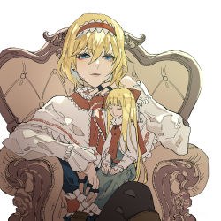 Rule 34 | 1girl, alice margatroid, bad id, bad pixiv id, black legwear, blonde hair, blue dress, blue eyes, capelet, chair, commentary, doll, dress, eyelashes, hair between eyes, hairband, head rest, highres, jewelry, kaoru (alicemakoto), lips, long sleeves, looking at viewer, multiple rings, nail polish, parted lips, red nails, red ribbon, ribbon, ring, shanghai doll, short hair, simple background, sitting, smile, touhou, white background, white capelet