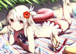 Rule 34 | 1girl, ball, bare legs, barefoot, beach, beach towel, beachball, bikini, blurry, blush, bracelet, breasts, bridal garter, cross, cross necklace, cup, depth of field, drink, drinking glass, drinking straw, fate/kaleid liner prisma illya, fate (series), flower, fueru nattou, hair flower, hair ornament, hat, hibiscus, ice, ice cube, illyasviel von einzbern, innertube, jewelry, leg ribbon, long hair, looking at viewer, lotion, lying, magical ruby, necklace, red eyes, ribbon, silver hair, skirt, small breasts, smile, solo, straw hat, sunscreen, swim ring, swimsuit, towel