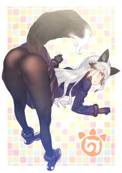 Rule 34 | 10s, 1girl, animal ears, ass, bad anatomy, bent over, black gloves, black hair, black pantyhose, blush, cameltoe, female focus, fox ears, fox tail, from behind, full body, fur-trimmed sleeves, fur trim, gloves, jacket, japari symbol, kemono friends, long hair, long sleeves, looking at viewer, looking back, miniskirt, multicolored hair, open mouth, pantyhose, pleated skirt, shoes, sidelocks, silver fox (kemono friends), silver hair, skirt, solo, standing, subachi, tail, yellow eyes
