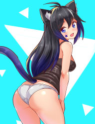 Rule 34 | 1girl, animal ears, antenna hair, ass, bare shoulders, black hair, blonde hair, blue eyes, blue hair, breasts, cat ears, cat tail, cougar (cougar1404), from behind, leaning, leaning forward, long hair, looking at viewer, looking back, medium breasts, multicolored hair, open mouth, panties, shiny clothes, shiny skin, sideboob, smile, solo, tail, underwear, underwear only, very long hair, wedgie