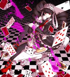 Rule 34 | 10s, 1girl, ace (playing card), ace of clubs, bad id, bad pixiv id, black hair, black thighhighs, cake, card, celestia ludenberg, checkered floor, claw ring, club (shape), cup, danganronpa: trigger happy havoc, danganronpa (series), dress, drill hair, drinking, eight of diamonds (playing card), floor, food, frills, gothic lolita, hairband, high heels, jack (playing card), jack of hearts, king (playing card), king of clubs, l no hito, lolita fashion, lolita hairband, long hair, necktie, playing card, queen (playing card), queen of spades, red eyes, solo, sugar cube, table, teacup, thighhighs, twin drills, twintails, zettai ryouiki