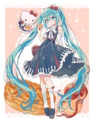 Rule 34 | 2girls, :q, absurdres, apple, apple pie, bag, blue dress, blue footwear, border, bow, bowtie, commentary, detached sleeves, dress, food, fruit, futaba969649, green eyes, green hair, hair bow, hatsune miku, hello kitty, hello kitty (character), highres, kneehighs, long hair, looking at viewer, multiple girls, number tattoo, pie, pink background, red bow, sanrio, shoulder tattoo, simple background, smile, socks, sparkle, tattoo, tongue, tongue out, very long hair, vocaloid, white bow, white bowtie, white sleeves, white socks