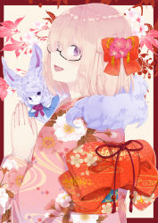 Rule 34 | 1girl, alternate costume, bad id, bad pixiv id, beige background, border, bow, branch, brown border, commentary request, creature, fate/grand order, fate (series), floral background, floral print, flower, fou (fate), from side, furisode, hair bow, hair flower, hair ornament, half updo, highres, japanese clothes, kimono, looking to the side, mash kyrielight, new year, own hands together, pink hair, purple eyes, short hair, simple background, tanaka kii