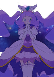 Rule 34 | 1girl, 35kawaiiprpr, absurdres, blue eyes, clothing cutout, commentary, cure majesty, dress, elbow gloves, ellee-chan, gloves, half-dress, highres, hirogaru sky! precure, interlocked fingers, layered skirt, long hair, looking at viewer, magical girl, medium dress, miniskirt, open mouth, own hands together, pleated skirt, precure, purple dress, purple hair, purple skirt, short sleeves, shoulder cutout, skirt, sky, smile, solo, standing, star (sky), starry sky, thighhighs, two side up, white gloves, white thighhighs, wind, wing hair ornament