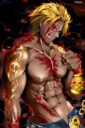 Rule 34 | 1boy, aura, beowulf (fate), blonde hair, clenched hand, dark skin, dark-skinned male, facial scar, fate/grand order, fate (series), fingerless gloves, gloves, grin, highres, male focus, red eyes, scar, scar across eye, scar on cheek, scar on face, topless male, smile, solo, tattoo, yamaguchi shinnosuke