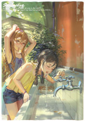 Rule 34 | 2girls, absurdres, adjusting hair, alphonse (white datura), armpits, blue shirt, blue shorts, braid, brown hair, drinking, english text, closed eyes, glasses, highres, long hair, looking at viewer, mouth hold, multiple girls, original, outdoors, red-framed eyewear, shirt, short hair, shorts, sleeveless, sleeveless shirt, twin braids, water, yellow shirt