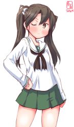 Rule 34 | 10s, 1girl, artist logo, black neckerchief, blouse, commentary request, contrapposto, dated, girls und panzer, green eyes, green skirt, grey hair, hand on own hip, highres, kanon (kurogane knights), kantai collection, long hair, long sleeves, looking at viewer, miniskirt, neckerchief, one eye closed, ooarai school uniform, pleated skirt, school uniform, serafuku, shirt, simple background, skirt, solo, standing, twintails, white background, white shirt, zuikaku (kancolle)
