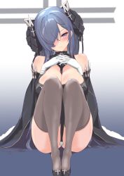 Rule 34 | 1girl, august von parseval (azur lane), azur lane, bare shoulders, black thighhighs, blue eyes, blue hair, blush, breasts, cleavage, collar, collared dress, crotch seam, detached sleeves, dragon horns, dress, gloves, hair over one eye, highres, horns, knees up, large breasts, leotard, looking at viewer, one eye covered, own hands together, p.i.t.d, solo, thighhighs, white gloves