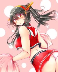 Rule 34 | 10s, 1girl, alternate costume, alternate hairstyle, armpits, ass, bare shoulders, black hair, blush, breasts, cheerleader, chestnut mouth, clothes writing, crop top, crop top overhang, dutch angle, from behind, hair between eyes, hair ornament, hairband, hairclip, haruna (kancolle), headgear, highres, kantai collection, large breasts, long hair, looking at viewer, microskirt, midriff, miniskirt, orange eyes, panties, pantyshot, pink panties, pom pom (cheerleading), red shirt, red skirt, shirt, skirt, solo, thighs, tsukui kachou, underboob, underwear
