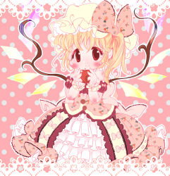 Rule 34 | 1girl, apple, blonde hair, blush, border, bow, child, crystal, dress, flandre scarlet, floral print, food, frilled cuffs, frilled dress, frills, fruit, hands up, hat, hat bow, highres, holding, holding food, holding fruit, lace, lace border, lolita fashion, looking at viewer, mob cap, ornate border, pink background, pink bow, pink theme, polka dot, polka dot background, print bow, print dress, red eyes, side ponytail, smile, solo, touhou, wings, wrist cuffs, yellow hat, zatsuni