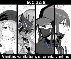 Rule 34 | 4girls, arius squad (blue archive), atsuko (blue archive), baseball cap, blue archive, bow, braid, cabbie hat, closed mouth, column lineup, empty eyes, gas mask, greyscale, hair bow, hair ornament, hair over one eye, hairclip, halo, hat, highres, hiyori (blue archive), hood, jakobi, latin text, long hair, looking ahead, looking at viewer, mask, mask pull, misaki (blue archive), monochrome, mouth mask, multiple girls, open mouth, partially colored, portrait, print headwear, saori (blue archive), scarf, short hair, simple background, surgical mask, twin braids