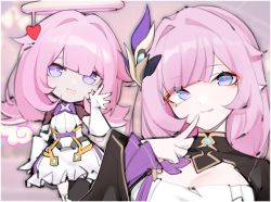 Rule 34 | 2girls, absurdres, blue eyes, blunt bangs, blurry, blurry background, chibi, closed mouth, detached wings, dress, elf elysia, elysia (honkai impact), elysia (miss pink elf) (honkai impact), error1980, finger to mouth, gloves, hair intakes, hair ornament, halo, heart, highres, honkai (series), honkai impact 3rd, long hair, long sleeves, looking at viewer, multiple girls, open mouth, pink hair, smile, waving, white dress, white gloves, wings