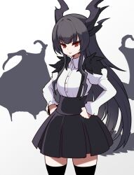 Rule 34 | 1girl, aged down, alduin, black hair, black skirt, black thighhighs, buttons, closed mouth, collared shirt, dragon girl, dragon horns, dragon tail, dragon wings, genderswap, genderswap (mtf), hands on own hips, high-waist skirt, highres, horns, juliet sleeves, long hair, long sleeves, looking at viewer, okamura (okamura086), personification, puffy sleeves, red eyes, shirt, simple background, skirt, slit pupils, smile, solo, tail, the elder scrolls, the elder scrolls v: skyrim, thighhighs, very long hair, white background, white shirt, wings
