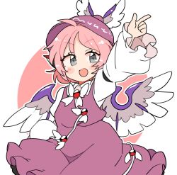 Rule 34 | 1girl, ahoge, animal ears, arm up, bird ears, bird wings, blush, brown dress, brown hat, collared shirt, dress, fang, frilled dress, frilled sleeves, frills, grey eyes, hat, index finger raised, ini (inunabe00), long sleeves, looking at viewer, mystia lorelei, open mouth, pink hair, shirt, short hair, skin fang, sleeve garter, smile, solo, touhou, white shirt, white wings, winged hat, wings