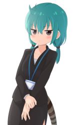 Rule 34 | 1girl, alternate costume, alternate hairstyle, bad id, bad twitter id, black suit, blue hair, blue ribbon, blush, brown eyes, collarbone, commentary request, cowboy shot, formal, id card, ilyfon133, jacket, kemono friends, long sleeves, name tag, neck ribbon, office lady, pencil skirt, ribbon, short hair, skirt, skirt suit, snake print, snake tail, solo, striped tail, suit, suit jacket, tail, tsuchinoko (kemono friends), twintails