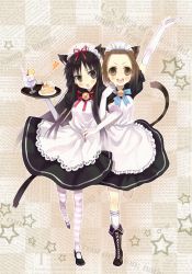 Rule 34 | 00s, 2girls, akiyama mio, alternate costume, animal ears, apron, bad id, bad pixiv id, bell, black eyes, black hair, blunt bangs, blush, boots, brown eyes, brown hair, cake, cat ears, cat tail, dress, drink, elbow gloves, enmaided, food, fruit, gloves, hairband, hime cut, jingle bell, k-on!, kemonomimi mode, long hair, maid, maid apron, multiple girls, open mouth, pantyhose, pastry, ribbon, short hair, strawberry, striped clothes, striped legwear, striped thighhighs, tail, tainaka ritsu, thighhighs, tray, ushi (newrein), white gloves