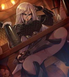 Rule 34 | 1girl, alcohol, armor, ass, warrior of light (ff14), bad id, bad pixiv id, beer, beer mug, black gloves, blue eyes, blush, breasts, candle, cup, final fantasy, final fantasy xiv, gloves, greaves, hair between eyes, highres, knife, lipstick, long hair, makeup, merunyaa, mug, no panties, original, pauldrons, pussy, red lips, shoulder armor, simple background, sitting, solo focus, spread legs, sweatdrop, uncensored, very long hair