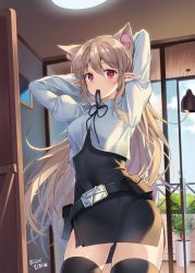 Rule 34 | 1girl, adjusting hair, animal ears, arms behind head, arms up, artist name, bad id, bad pixiv id, belt, belt pouch, black ribbon, black thighhighs, blonde hair, blue sky, breasts, cat ears, commentary, covered navel, cowboy shot, day, dress, extra ears, hair between eyes, indoors, juliet sleeves, long hair, long sleeves, looking at viewer, medium breasts, mouth hold, neck ribbon, original, pinb, plant, pointy ears, potted plant, pouch, puffy sleeves, red eyes, ribbon, ribbon in mouth, shirt, sky, solo, standing, symbol-only commentary, thighhighs, white shirt, zettai ryouiki