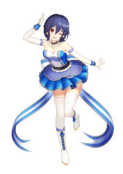 Rule 34 | 1girl, abeen jhong, absurdres, alternate breast size, blue dress, blue hair, blue skirt, boots, breasts, bridal gauntlets, choker, detached collar, dress, flower, frilled skirt, frills, full body, hair between eyes, hair flower, hair ornament, hand up, highres, idol, idol clothes, medium breasts, mizuno ai, one eye closed, open mouth, red eyes, short hair, simple background, skirt, smile, standing, standing on one leg, thighhighs, v, white background, white footwear, white thighhighs, wrist cuffs, zettai ryouiki, zombie land saga