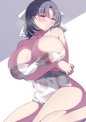 1girl absurdres arms_under_breasts blue_eyes blush breasts chimunge cleavage collarbone grey_hair hair_ribbon highres huge_breasts huge_filesize naked_towel nipples ribbon see-through_clothes see-through_towel senran_kagura senran_kagura_estival_versus senran_kagura_shinovi_versus short_hair signature simple_background sitting solo thighs towel wet wet_towel yumi_(senran_kagura)