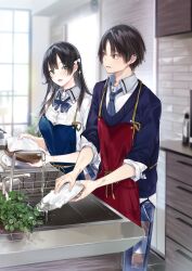 Rule 34 | 1boy, 1girl, absurdres, apron, black choker, black hair, blue apron, blue bow, blue bowtie, blue cardigan, blue necktie, blurry, blush, bow, bowtie, breasts, brown eyes, cardigan, choker, collared shirt, commentary request, cover, cover image, cover page, depth of field, dishwashing, eye contact, eyes visible through hair, green eyes, hair bow, highres, hitotsuba kaede, holding, holding plate, indoors, kakao (chocolate land), long hair, looking at another, looking to the side, lower teeth only, necktie, novel cover, novel illustration, official art, open mouth, pants, plaid, plaid pants, plaid skirt, plate, red apron, ryoushin no shakkin, school uniform, second-party source, shirt, short hair, sink, skirt, sleeves rolled up, smile, teeth, textless version, towel, water, white bow, white shirt, window, wing collar, yoshizumi yuya