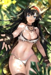 Rule 34 | 1girl, :d, animal ears, arknights, bikini, black gloves, black hair, black thighhighs, blaze (arknights), blue eyes, breasts, cat ears, cat girl, cowboy shot, fingerless gloves, gloves, hairband, highres, hominamia, jewelry, jungle, large breasts, long hair, looking at viewer, nature, navel, necklace, official alternate costume, open mouth, outstretched arm, plant, red hairband, smile, solo, sweat, swimsuit, thighhighs, thighs, torn clothes, very long hair, white bikini