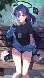 Rule 34 | 1girl, arm support, bare legs, bench, black shirt, blue archive, blue buruma, blurry, blush, bottle, breasts, buruma, depth of field, drone, facepaint, feet out of frame, grass, gym uniform, half updo, halo, highres, holding, holding bottle, jacket, jacket partially removed, lanyard, long hair, looking at viewer, medium breasts, official alternate costume, on bench, outdoors, park bench, partially unzipped, ponytail, purple eyes, purple hair, shirt, sitting, solo, star (symbol), stopwatch, sweat, towel, track jacket, very long hair, watch, water bottle, white towel, yanoyoru, yuuka (blue archive), yuuka (track) (blue archive)