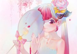 Rule 34 | 1girl, bare shoulders, blush, bracelet, collarbone, flower, gradient hair, hair flower, hair ornament, hand fan, highres, jewelry, kaede (shijie heping), long hair, looking at viewer, multicolored hair, nose blush, original, paper fan, pink eyes, red hair, ribbon, smile, solo, twintails, two-tone hair, upper body, white hair