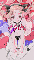 Rule 34 | 1girl, @ @, absurdres, animal ears, bare shoulders, black panties, blush, cat, collar, cuffs, fake animal ears, fang, hair ornament, hairclip, heart-shaped lock, highres, long hair, looking at viewer, navel, omutatsu, open mouth, original, panties, pink hair, red eyes, sitting, solo, stuffed toy, thighhighs, underwear, very long hair, wariza, white thighhighs