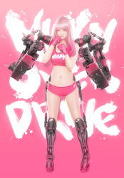 Rule 34 | 1girl, absurdres, clenched hands, cover, cyborg, gloves, highres, johnson ting, long hair, looking at viewer, midriff, milky overdrive, mole, mole under eye, navel, nike (company), pink background, pink eyes, pink hair, realistic, solo