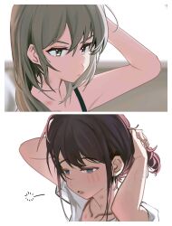 2girls absurdres bite_mark bite_mark_on_arm black_camisole blue_eyes blush brown_hair camisole collarbone commentary girls_band_cry grey_eyes grey_hair haidao_mao hair_between_eyes hickey highres iseri_nina kawaragi_momoka long_hair multiple_girls open_mouth shirt short_sleeves sidelocks sleepy tying_hair upper_body white_shirt yuri