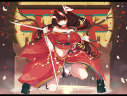 Rule 34 | bad id, bad pixiv id, bare shoulders, breasts, brown eyes, brown hair, choker, dual wielding, fantasy, fighting stance, futagi6789, geta, holding, holding sword, holding weapon, horns, japanese clothes, large breasts, long hair, looking at viewer, mask, mask on head, midriff, navel, on one knee, original, red choker, socks, solo, statue, sword, torii, very long hair, weapon, white socks