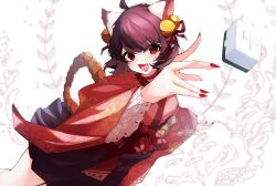 Rule 34 | 1girl, ahoge, animal ears, bell, brown hair, cat ears, cat girl, choker, commentary request, eno (pompom), fang, feet out of frame, fingernails, floral print, hair bell, hair ornament, highres, ichihime, japanese clothes, jingle bell, kimono, looking at viewer, mahjong, mahjong soul, mahjong tile, open mouth, print kimono, red choker, red eyes, red kimono, red nails, sharp fingernails, short hair, solo, throwing, wide sleeves
